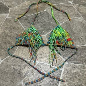 Brazilian Luli Fama Tribal Print Fringe Triangle Bikini Top P XS